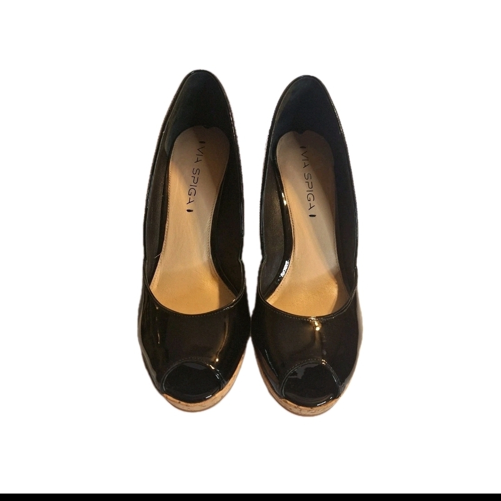 Via Spiga Glossy Black Peep Toe Wedges Women's Heels. Size 7